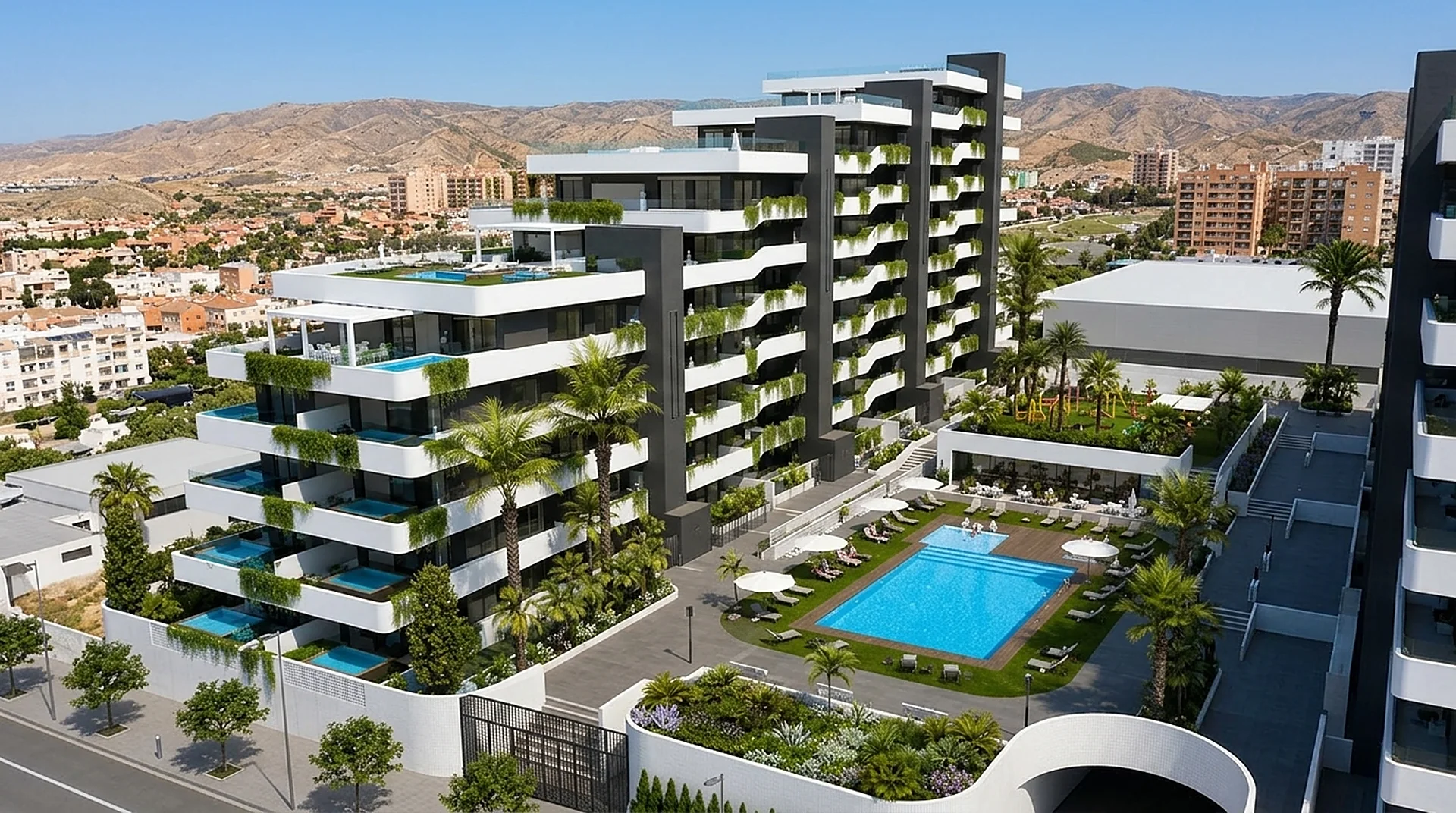Fachada del residencial: dos torres con terrazas blancas escalonadas, piscinas privadas y un jardín con piscina comunitaria, con la sierra de Almería al fondo.