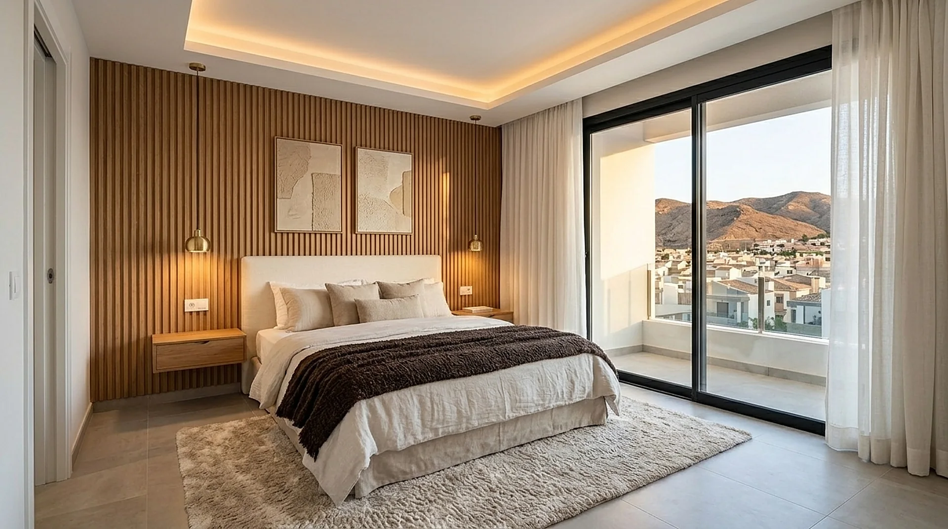 Dormitorio principal con pared de listones de roble y salida al balcón.