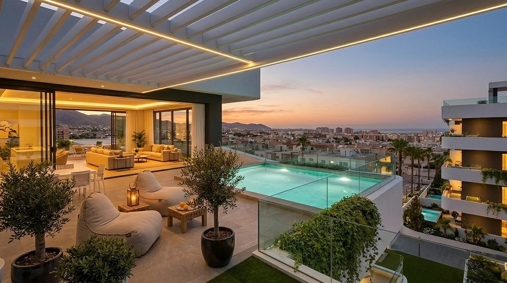 Terraza al atardecer con la piscina iluminada y zona de estar bajo la pérgola.